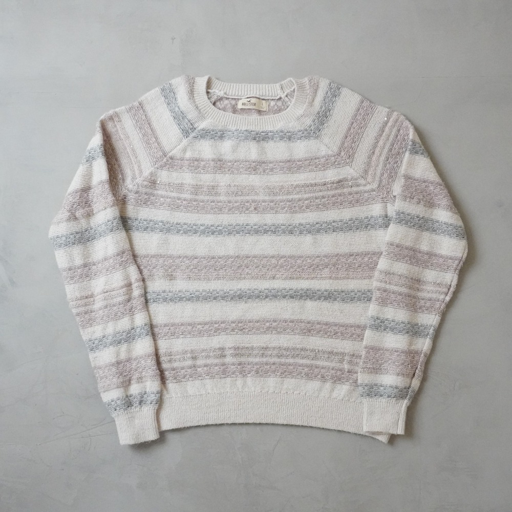 Hollister Striped Y2K Knit Sweater Large Womens Cream Pink Gray Crewneck L